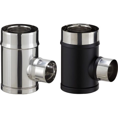Poujoulat – Té de branchement inox pour poêle à granulés – Raccord fumisterie 80/130 – Finition noir mat – Piquage simple paroi