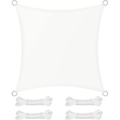 Voile d'Ombrage 3 x 3 m, Hydrofuge Colonne d’Eau de 665 mm, Polyester Anti-déchirure, Protection UV 93%, Terrasse, Jardin, Balcon, Carré, Cordes de 2 m, Blanc