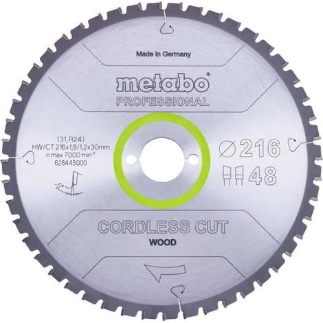 Metabo Lame de scie « cordless cut wood - professional », 216x1,8/1,2x30 Z48 WZ 5°neg (628445000)