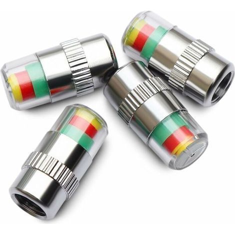Lot de 4 Capuchons de Valve de Pneu avec Indicateur 3 Couleurs, Chrome + PC, Avertissement Visuel Pression des Pneus (1/5)