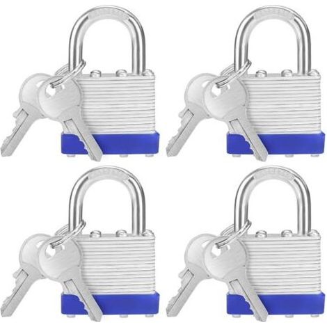 Cadenas Clé en Acier Laminé Robuste avec 2 Clés (Lot de 4) - Anse de 6 mm - 6,4 x 4,2 x 2,4 cm - Cadenas Exterieur/Intérieur Résistant aux Intempéries pour Garages et Casiers (1/5)
