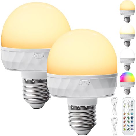 Lot de 2 ampoules rechargeables avec télécommande, ampoules LED couleur E27 à intensité variable avec télécommande et aimant, lampes rechargeables USB-C, ampoules pour éclairage de secours, veilleuse (1/5)