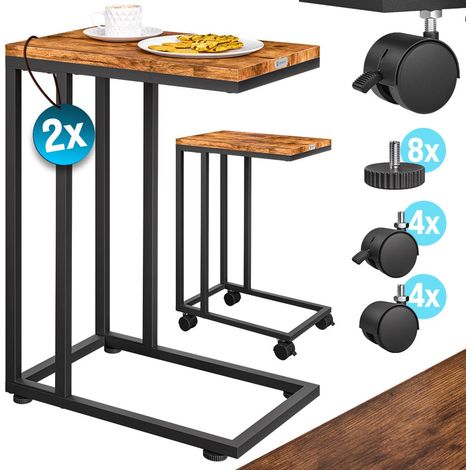 Table d'appoint bout de canapé avec roulettes Cadre en métal Desserte de lit Support ordinateur portable 2x Noir (1/2)