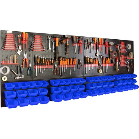 Pannello porta attrezzi da officina, struttura in metallo, 238 cm x 90 cm, design in due parti, supporta utensili pesanti, configurazione personalizzabile. (1/5)