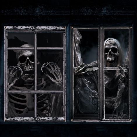 Décorations d'Halloween pour fenêtres : rideaux, guirlandes, ensemble deux pièces, fanions pour une fête d'Halloween sur le thème d'une maison hantée en extérieur - 80 x 120 cm (deux pièces) - NG-16