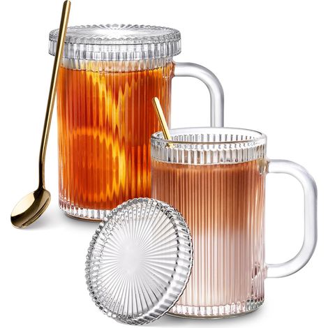 Tazas de café de vidrio, 385 ml, taza de café transparente con tapa y cuchara, juego de 2 tazas de té acanaladas, accesorio esencial para el café en el hogar, regalo de inauguración de casa, regalo de (1/5)