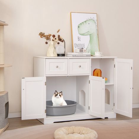 Meuble Pour Bac à Litière Caché avec Rangement Armoire pour Chat en Bois avec 3 Portes et 2 Tiroirs Kits Anti-basculement (1/2)