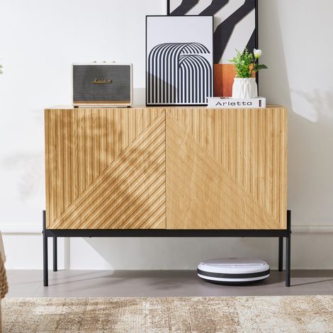 Buffet 100x40x75 cm, avec 2 portes, pieds en métal noir, panneaux de particules, design linéaire, style simple et élégant, adapté aux salons et salles à manger - Naturelle (1/5)