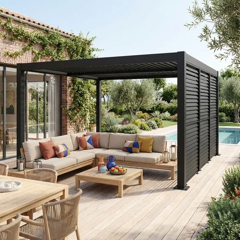 Pergola bioclimatique aluminium et acier 4x3m + 3 persiennes 100cm à lames orientables anthracite Palace (1/5)