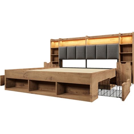 Cama doble 160x200 cm en roble con cabecero tapizado, LED, USB y USB-C, con almacenaje (1/5)
