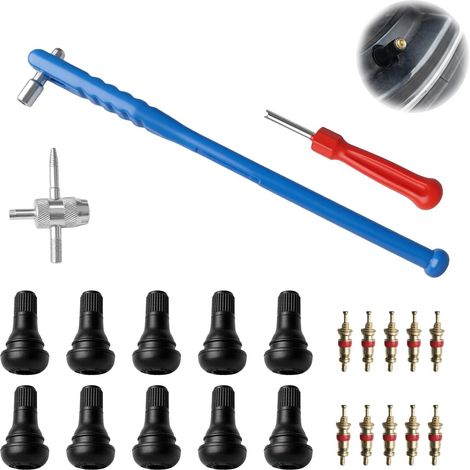 23 pièces Kit d’outils de réparation valve voiture – 10x valve TR412, 10x obus en cuivre pour pneus tubeless, extracteur de valve, clé universelle pour montage et entretien de pneus auto, moto et vélo (1/5)