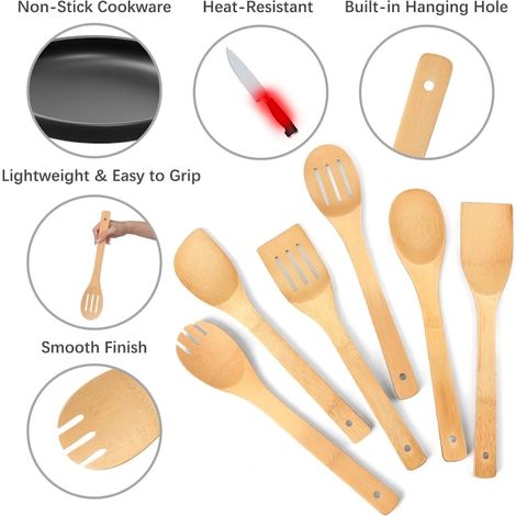 ustensiles de cuisine en bambou lot de 6 bois usage quotidien (1/4)