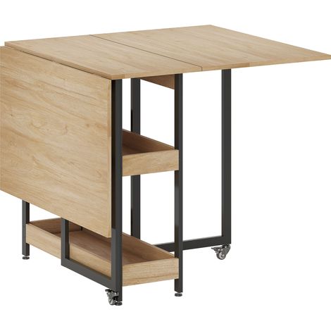 Table pliante roulante 4 personnes, compartiments de rangement ouverts, idéale petits espaces, salle à manger, chêne (1/5)