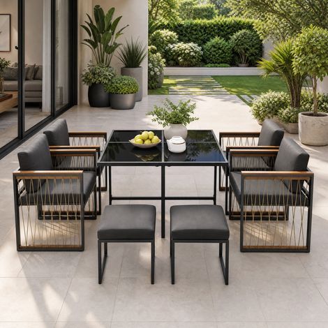 Set de jardín de 7 piezas 117x117x73,5 cm metal y vidrio negro, moderno para terraza FloraGrace (1/5)