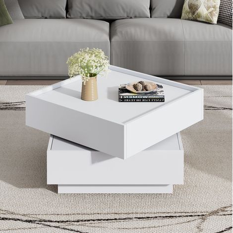 Mesa de centro 60 x 60 x 38 cm, giratoria 360°, con 2 cajones y almacenaje, blanca HAVRYA (1/5)