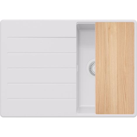 PRIMAGRAN Evier Cuisine en Granit 70x50cm, Lavabo 1 bac + Kit de Vidage + Planche à Découper, Évier à Encastrer au meuble 40cm - Copenhague, Tout Blanc (1/5)