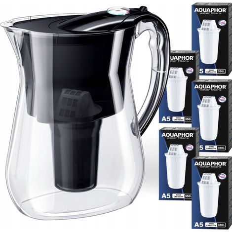 Caraffa filtrante Aquaphor Lyon nera da 3,8 litri, con 5 cartucce di carbone attivo A5. (1/5)