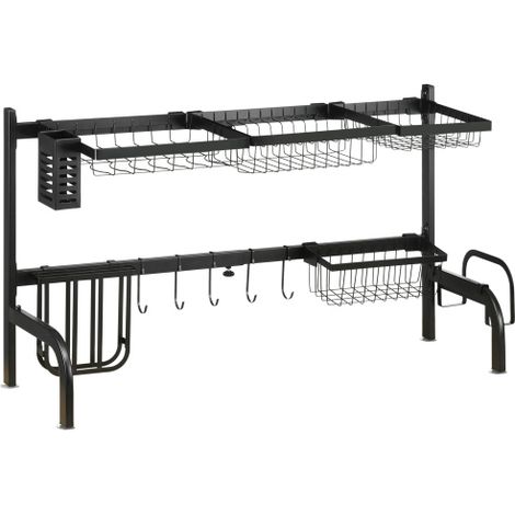 Égouttoir à vaisselle à 2 niveaux avec crochets et bac d'égouttage, acier, noir, 51-93 cm, pour cuisine (1/5)