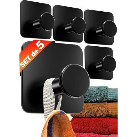 Ganchos para toallas, toallero sin taladro, juego de 5 - Ganchos modernos negros para toallas de baño - Gancho adhesivo de acero inoxidable para montaje en pared (1/5)