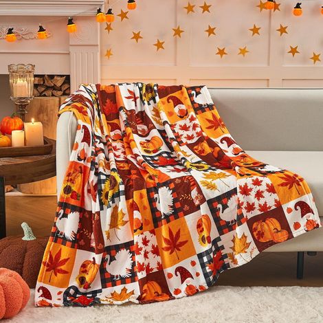 Penkiiy Herbst-Kürbis-Flanelldecke, Herbst-Überwurf, kann mit bequemem Wollfleece kombiniert werden, geeignet für Sofas, Betten, Studentenwohnheime, Geschenk zum Erntedankfest.