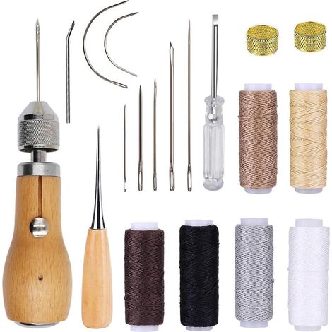 Kit di attrezzi per cucire a mano la pelle, completo di punteruolo, rocchetto di filo cerato, anello in ottone e ago da cucito, ideale per lavori di bricolage, riparazione di tappeti, pelle e tela. (1/3)