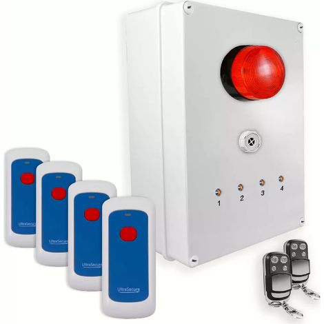Système d'identification d'alerte sans-fil 900m - 4 boutons / Sirène / Flash / LEDs / Télécommandes d'arrêt (DA600+)