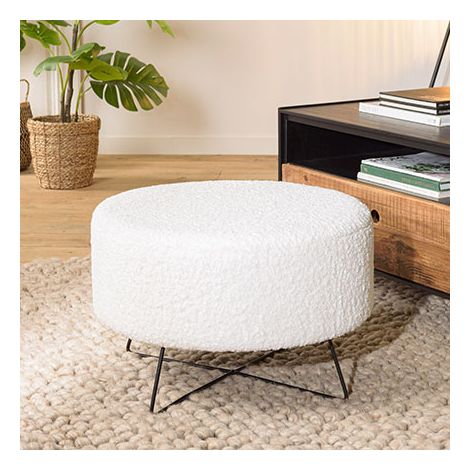AGATHE - Pouf rond tissu bouclette blanc pieds croisés métal noir (1/5)