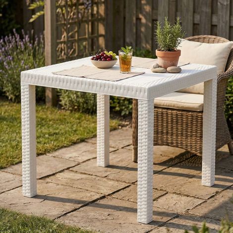 Dmora - Tisch im Freien Dguidon, Fester quadratischer Tisch, Mehrzweck-Gartentisch in Rattan-Optik, 100% Made in Italy, 80x80h74 cm, Weiß (1/5)