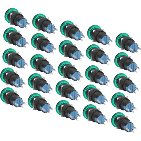 Bouton poussoir vert champignon IP65, lot de 25 interrupteurs miniatures plastique 16mm, auto-rétablissement 24V AC/DC, résistant à l'eau (1/5)