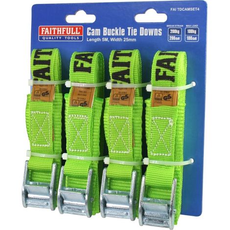 Faithfull FAITDCAMSET4 Cam Buckle Tie Down Strap Set 4 Piece 5m 25mm 200kg/daN
