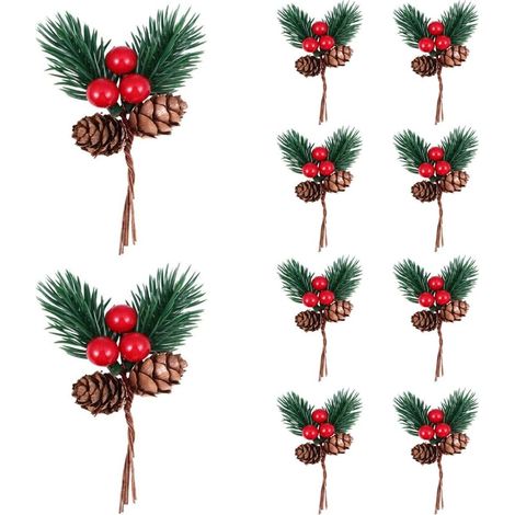 Christmas Pine Cone Picks Decorations 10 Pack Artificial Christmas Picks and Sprays Red Berry Stem Branches with Holly Leaves for Xmas Tree Christmas Wreath Decor (1/4)