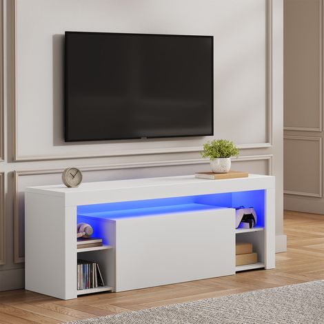 Meuble TV LED 140 cm HavenlyHome - Support Télé Moderne avec Placard - Etagères Réglables - pour Télévision jusqu'à 65" - pour Salon et Chambre - Blanc (1/5)