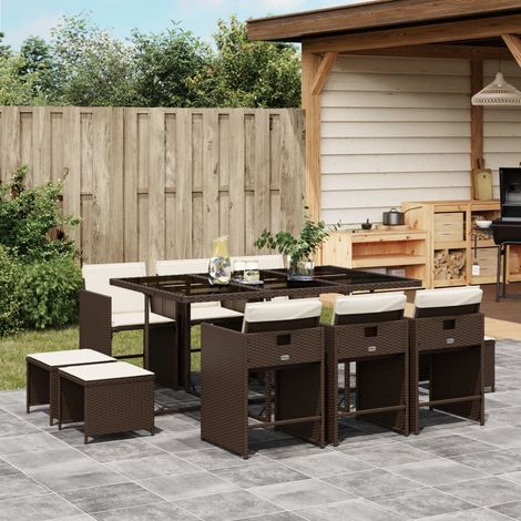 Set comedor de jardín 11 pzas y cojines ratán sintético marrón vidaXL (1/5)