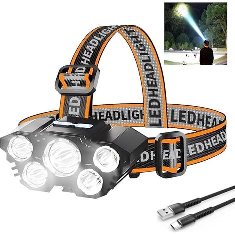 Lampe Frontale Rechargeable - 4 Modes LED - Étanche IPX4 - Angle Réglable 90° - Portée 350 M - Pour Randonnée Camping Vélo Réparation - 1 Pièce (1/3)