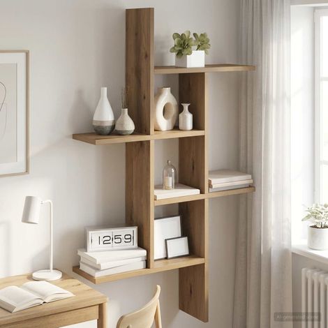 Étagère murale 5 compartiments en bois d’ingénierie chêne artisanal 61 x 15 x 102 cm - PANGIVO (1/5)