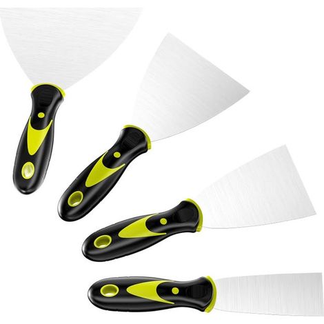 Un juego de cuatro raspadores de pintura de acero inoxidable, que incluye una espátula con mango de plástico, para rellenar y retirar papel pintado. (1/4)