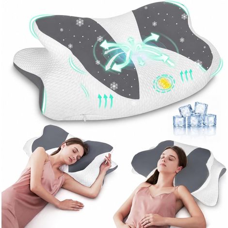 Oreiller Ergonomique Cervical,Oreiller Memoire Forme Papillon Rafraîchissant,Convient dormeurs côté, Dos, Ventre, Housse Amovible Lavable en Machine, Gris Clair (1/5)