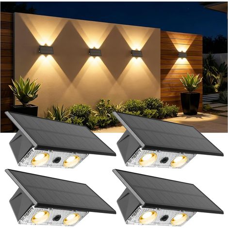 Lampes solaires pour l'extérieur, 4 lampes solaires pour jardin extérieur, appliques murales solaires à 3 modes pour l'extérieur, éclairage solaire pour mur, marches, clôture, porche, terrasse