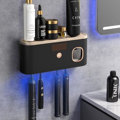 Porte-brosse à dents mural avec distributeur automatique de dentifrice, stérilisateur UV, 5 emplacements pour brosses à dents, noir et or (1/5)