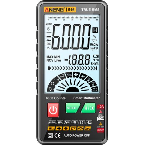 Multimetro digitale intelligente True RMS a 6000 conteggi con selezione automatica della portata e NCV, misura tensione AC/DC, corrente, resistenza, retroilluminazione.