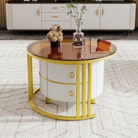 Table basse 2-en-1 en MDF, table d'appoint avec plateau blanc et plateau marron en verre trempé, ensemble de salon à 2 tiroirs, pour séjour, 70x70x45 + 50x50x40 cm (1/5)
