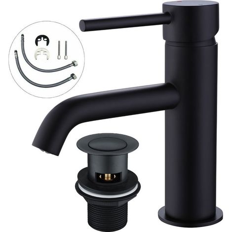 Round Matt Black Bathroom Basin Tap Sink Mono Mixer + Flexi Tails + Waste (1/5)