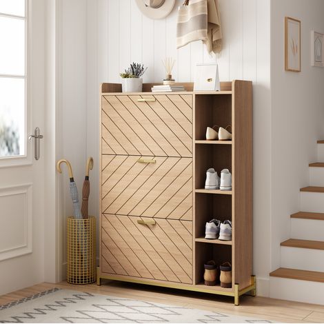 Schuhschrank (90x24x119 cm), dreitürig mit Klappmechanismus, offene Seitenfächer, MDF, Natur (1/5)