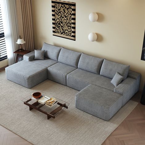Canapé d'angle en U 340cm,canapé modulaire en velours côtelé,avec chaiselongue,1 repose-pieds,canapé 5 place compression,assise profonde,gris