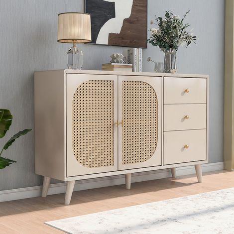 Buffet blanc cassé pour salon/salle à manger, commode avec portes et tiroirs, meuble TV spacieux, rangement mural, largeur 120 cm, armoire basse élégante (1/5)