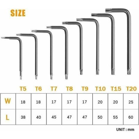 Clés Torx Coudée, Kit de 8 Pièces Clés Allen Torx, Tournevis Etoile T5 T6 T7 T8 T9 T10 T15 T20, Ensembles de Clés Outillage à Main Clés Hexagonales Torx (1/4)