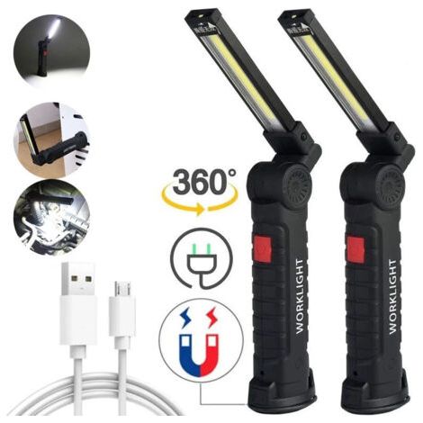 Lampe de travail à LED pliable et rechargeable, lampe de poche multifonctionnelle à aimant COB pour tente, lampe de poche d'extérieur pour inspection de voiture et réparation (2 pièces), CREA