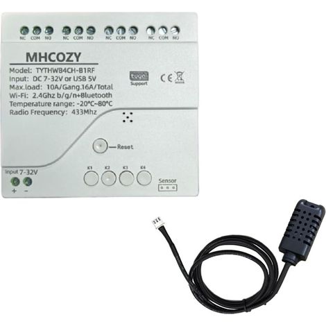 Tuya WiFi Capteur de Température Intelligent Sans Fil Relais, Télécommande App Nettoyage de Contact (Température Humidité, 4CH) (1/5)