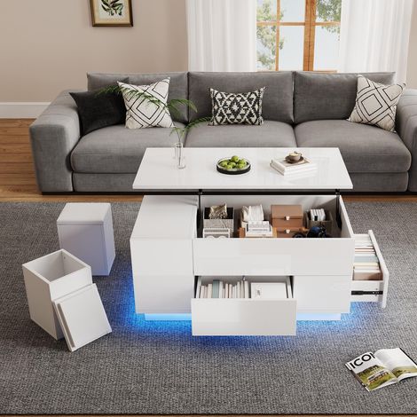 Table basse relevable 100x50x45cm - 4 en 1 - avec éclairage LED, 2 tiroirs et 2 tabourets - rangement dissimulé - brillante - blanc (1/5)