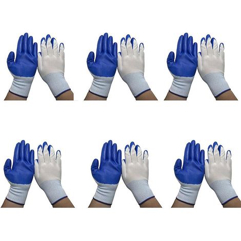 ensemble De Six Gants Bleus Et Blancs  Ensemble De Six Gants Noirs  Gants De Jardinage Pour Hommes, 6 Paires De Gants D'assemblage Enduits De Caou (1/3)